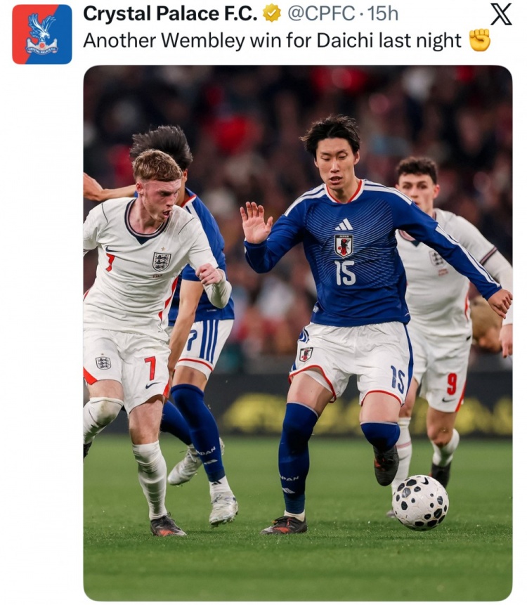 开云官网-水晶宫官推晒镰田大地比赛照：昨晚大地再一次在温布利取得胜利